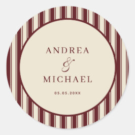 Ivory & Burgundy Stripes Retro Custom Wedding Ronde Sticker