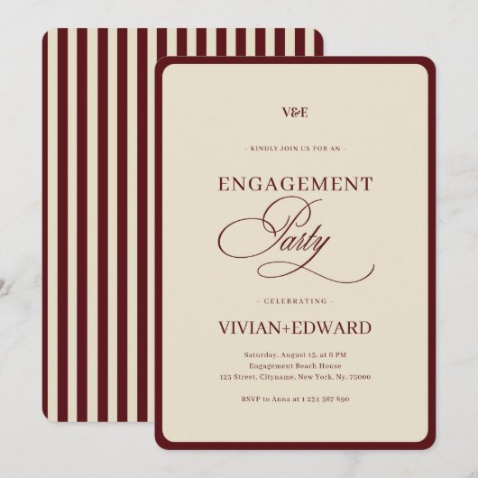 Ivory & Burgundy Stripes Retro Engagement Party Kaart (Voorkant / Achterkant)