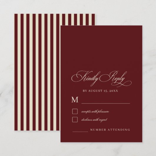 Ivory & Burgundy Stripes Retro Old Money Wedding RSVP Kaartje (Voorkant / Achterkant)