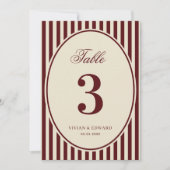 Ivory Burgundy Stripes Retro Wedding Table Number Kaart (Voorkant)