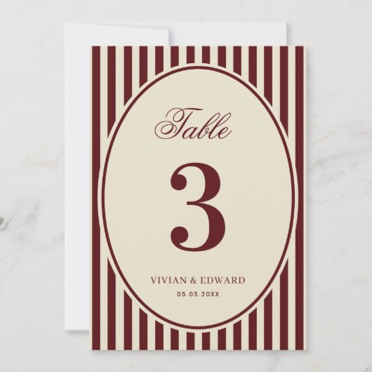 Ivory Burgundy Stripes Retro Wedding Table Number Kaart (Voorkant)