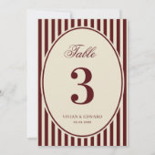 Ivory Burgundy Stripes Retro Wedding Table Number Kaart (Achterkant)