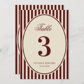 Ivory Burgundy Stripes Retro Wedding Table Number Kaart (Voorkant / Achterkant)