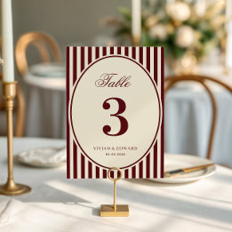 Ivory Burgundy Stripes Retro Wedding Table Number Kaart