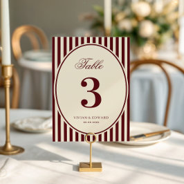 Ivory Burgundy Stripes Retro Wedding Table Number Kaart