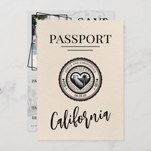 Ivory California Passport Bewaar de datum Save The Date (Voorkant / Achterkant)