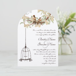 Ivory Cherry Blossom Lovebird Birdcage Wedding Kaart