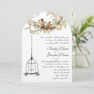 Ivory Cherry Blossom Lovebird Birdcage Wedding Kaart