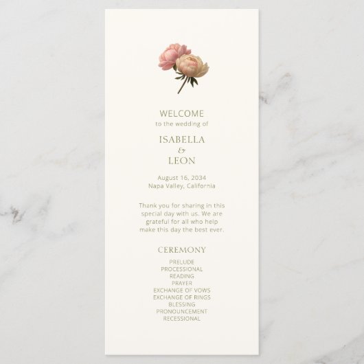 Ivory | Chic Bloem Roos Huwelijksprogramma Menu (Voorkant)