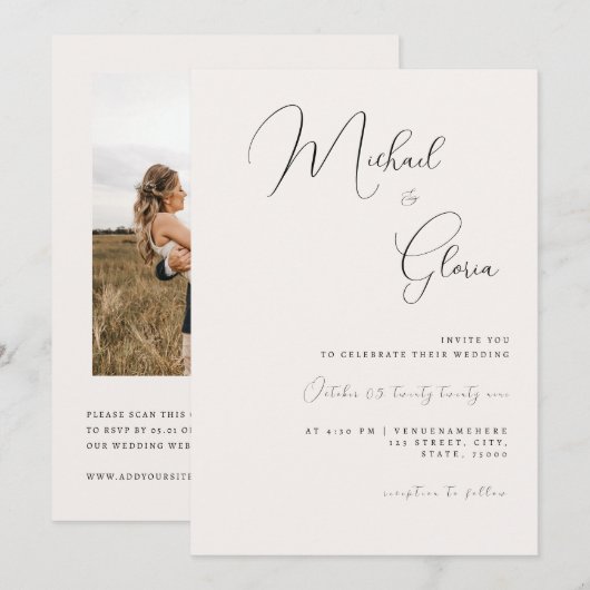 Ivory Chic Calligraphy QR Code All in One Wedding Kaart (Voorkant / Achterkant)