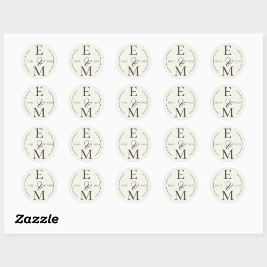 Ivory Coffee Monogram Date Wedding Ronde Sticker (Vel)