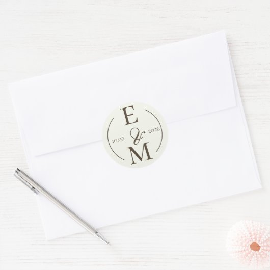 Ivory Coffee Monogram Date Wedding Ronde Sticker (Envelop)