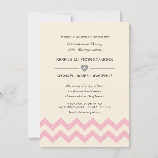 Ivory Cream and Pink Chevron Wedding Invitations Kaart (Voorkant)