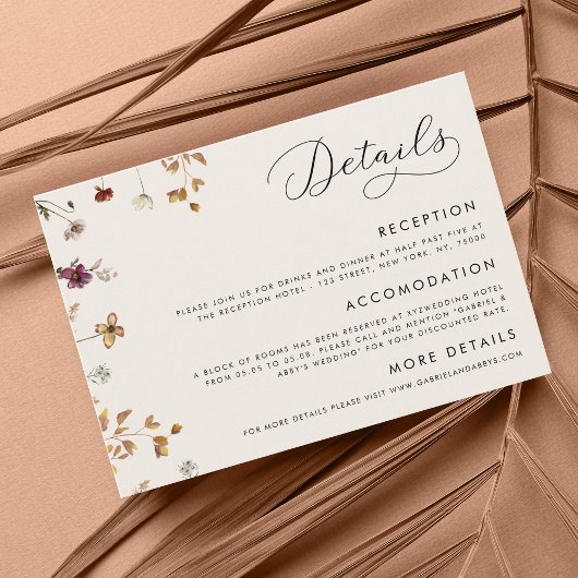 Ivory Cream Boho Herfst Wildbloemen Bruiloft Detai Informatiekaartje