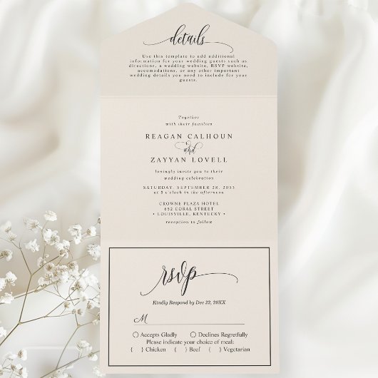 Ivory Cream Eenvoudig Modern Script All In One Uitnodiging