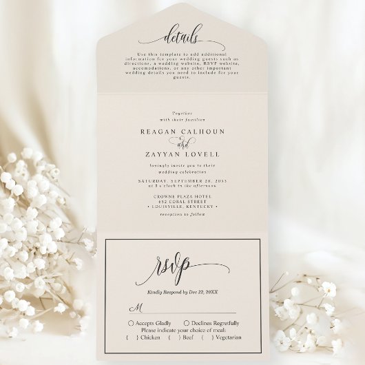 Ivory Cream Eenvoudig Modern Script All In One Uitnodiging