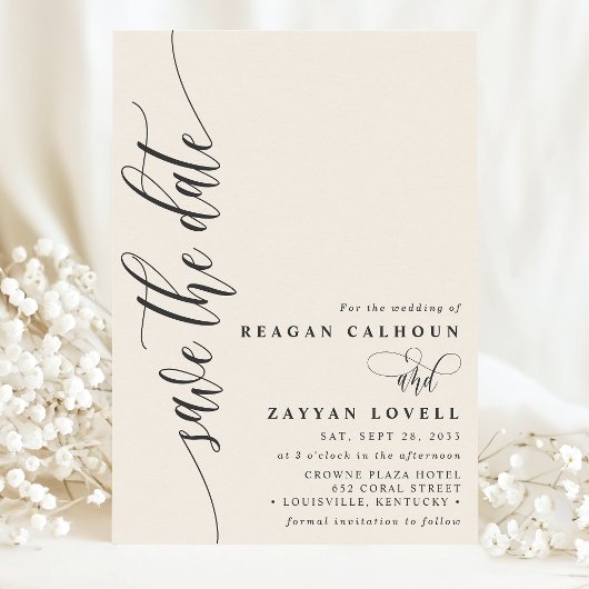 Ivory Cream Eenvoudig Modern Script Sla de datum o Save The Date