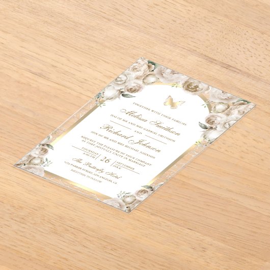 Ivory Cream Floral Gold Arch Butterfly Wedding Acryl Uitnodigingen (Laagn)