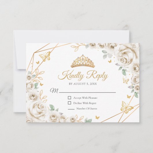 Ivory Cream Gold Floral Quinceanera Reply RSVP Kaartje (Voorkant)