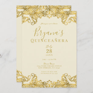 Ivory Cream Gold Lace Elegant Quinceañera Kaart