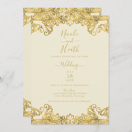 Ivory Cream & Gold Lace Elegant Wedding Kaart (Voorkant / Achterkant)