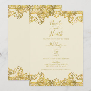Ivory Cream & Gold Lace Elegant Wedding Kaart