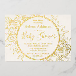 Ivory Cream & Gold Modern Peony Toile Baby shower Folie Uitnodiging