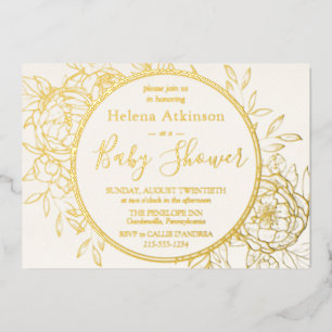 Ivory Cream & Gold Modern Peony Toile Baby shower Folie Uitnodiging