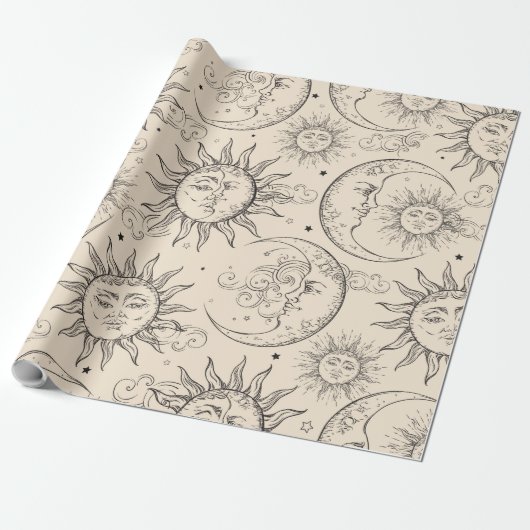Ivory Cream Magic  Celestial Sun Moon Stars Cadeaupapier (Uitgerold)