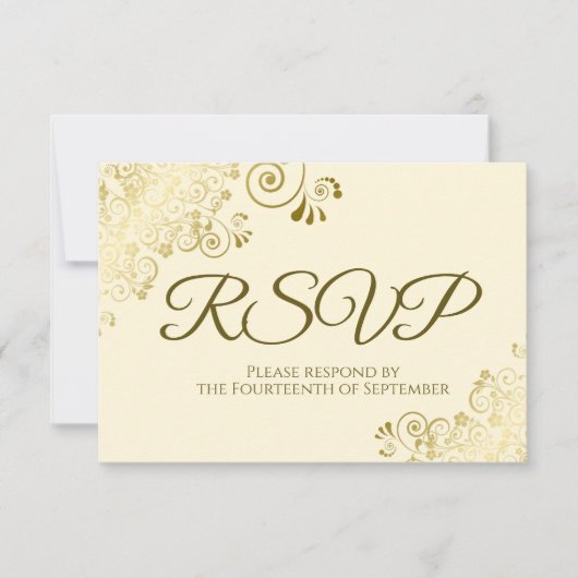 Ivory Cream met Elegant Gold Lace Frilly Wedding RSVP Kaartje (Voorkant)