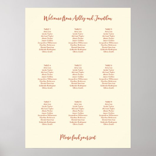 Ivory Cream Terracotta 9 Table Seating Chart Poster (Voorkant)