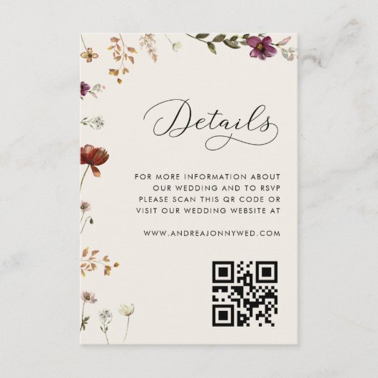 Ivory Cream Wildflower QR Code Bruiloft Details Informatiekaartje (Voorkant)