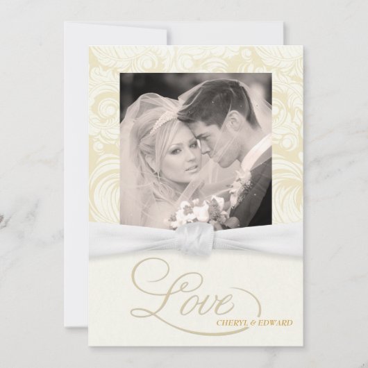 Ivory Damask - Elegant Photo Wedding Invitations Kaart (Voorkant)