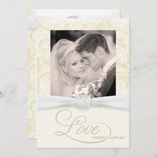 Ivory Damask - Elegant Photo Wedding Invitations Kaart (Voorkant / Achterkant)