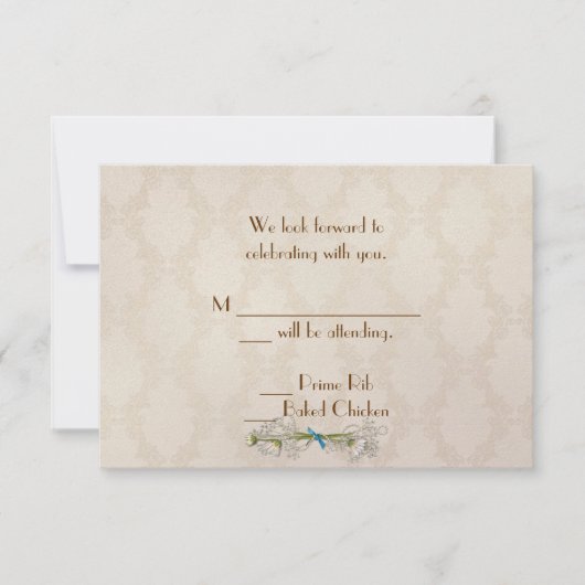 Ivory Damask en Daisies RSVP Kaart (Voorkant)