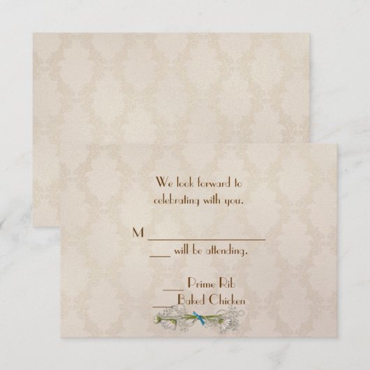Ivory Damask en Daisies RSVP Kaart (Voorkant / Achterkant)