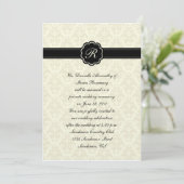 Ivory Damask met Black Monogram Post Weddenschap C Kaart (Staand voorkant)