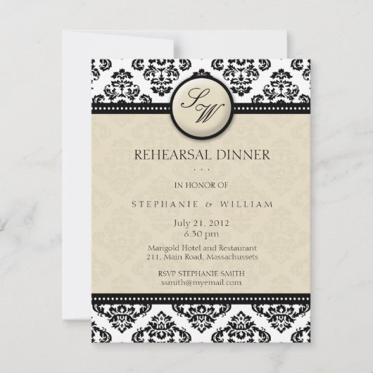 Ivory Damask Monogram Rehearsal Dinner Kaart (Voorkant)