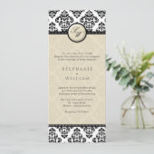 Ivory Damask Monogram Weddenschap Kaart (Staand voorkant)