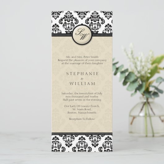 Ivory Damask Monogram Weddenschap Kaart (Staand voorkant)