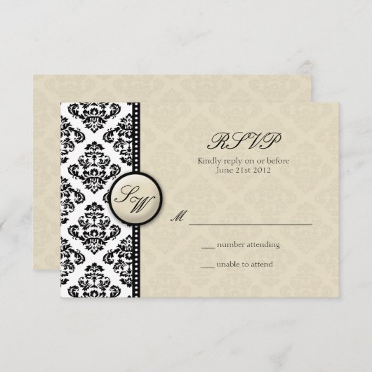Ivory Damask Monogram Wedding RSVP (Voorkant / Achterkant)