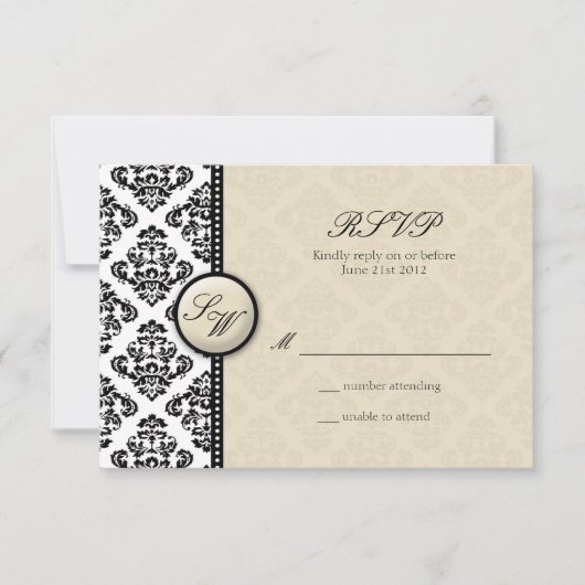 Ivory Damask Monogram Wedding RSVP Kaartje (Voorkant)