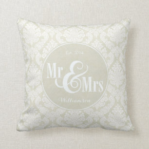 Ivory Damask "Mr & Mrs" kussen, gepersonaliseerd Kussen
