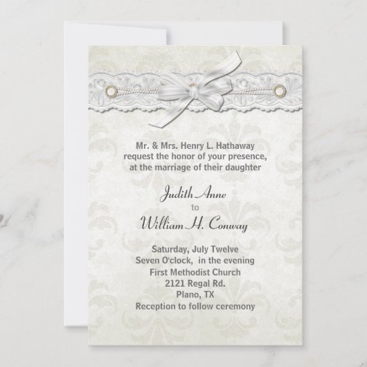 Ivory Damask Wedding Invitation Kaart (Voorkant)