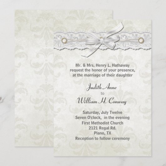Ivory Damask Wedding Invitation Kaart (Voorkant / Achterkant)