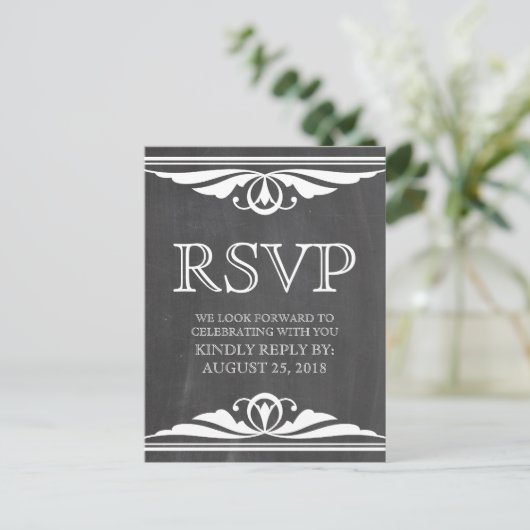 Ivory Deco Chalkboard RSVP Briefkaart (Staand voorkant)