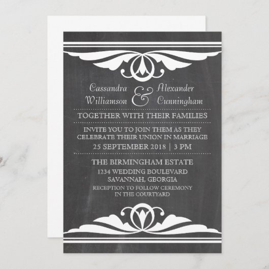 Ivory Deco Chalkboard Wedding Invite Kaart (Voorkant / Achterkant)