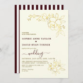 Ivory Deep Burgundy Stripes Gold Floral Wedding Kaart (Voorkant / Achterkant)