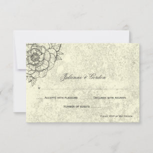 Ivory Distsed Black Sketting Flowers RSVP Kaart