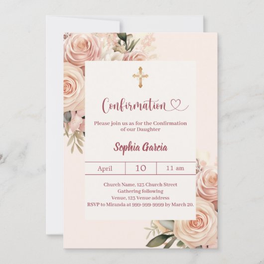 Ivory dusty rose florals Confirmation Kaart (Voorkant)